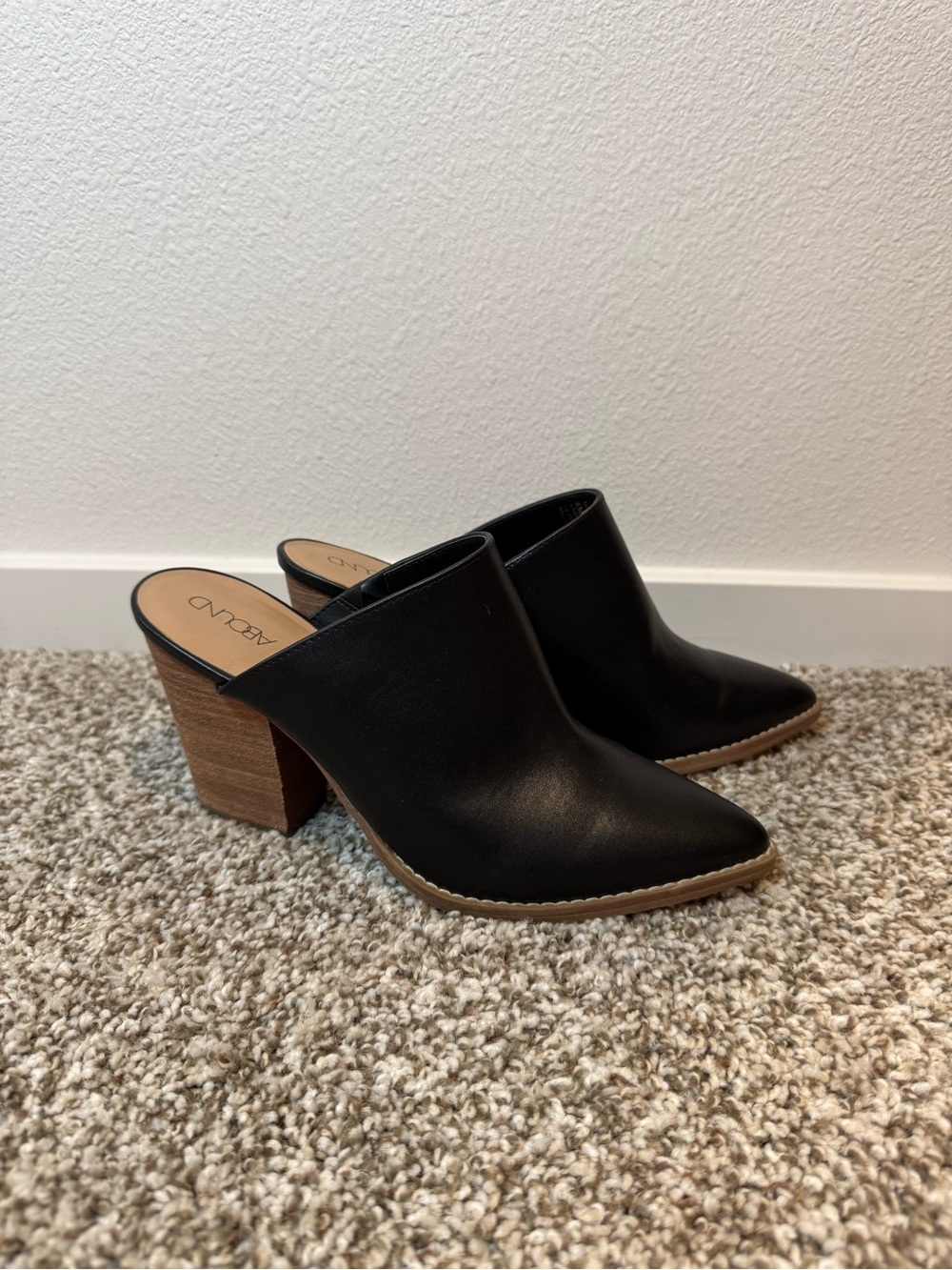 Abound Black Pointed-Toe Leather Mule Heels with Wood Block Heel